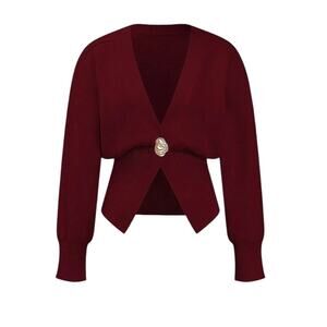 Micas Women's Small Burgundy Red V-Neck Long Sleeve Knit Sweater Cardigan